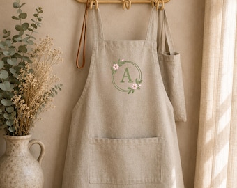 Personalized Crossback Apron for Women, Embroidered Name Apron, Cotton Pinafore Apron, Custom Cooking & Baking Gift