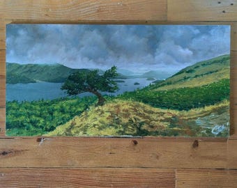 Original Oil Painting: Keswick Lake District Landscape, Overcast Day Scene, Textured Impasto Art (60x30cm)