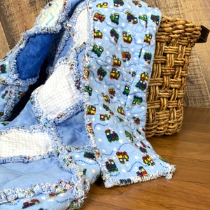 Baby Toddler Rag Quilt Squares Blue Trains