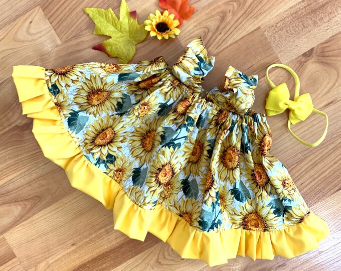3 Piece Girls Sunflower Dress, Bottoms, & Headband