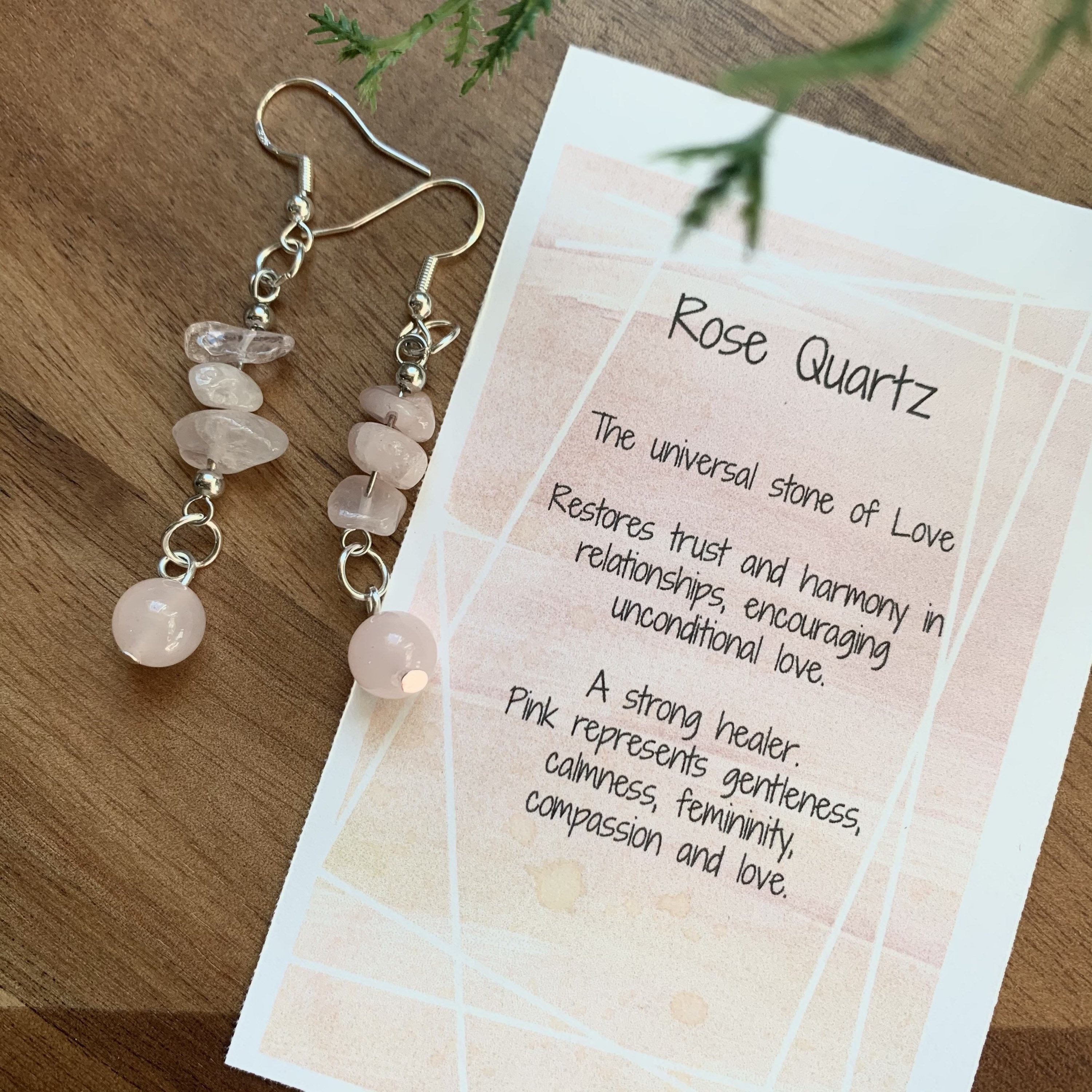 Rose Quartz Healing Crystal Rock Chip Dangle Earrings