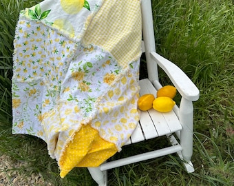 Picnic Blanket Throw Patchwork Rag Quilt Lemons yellow lemonade