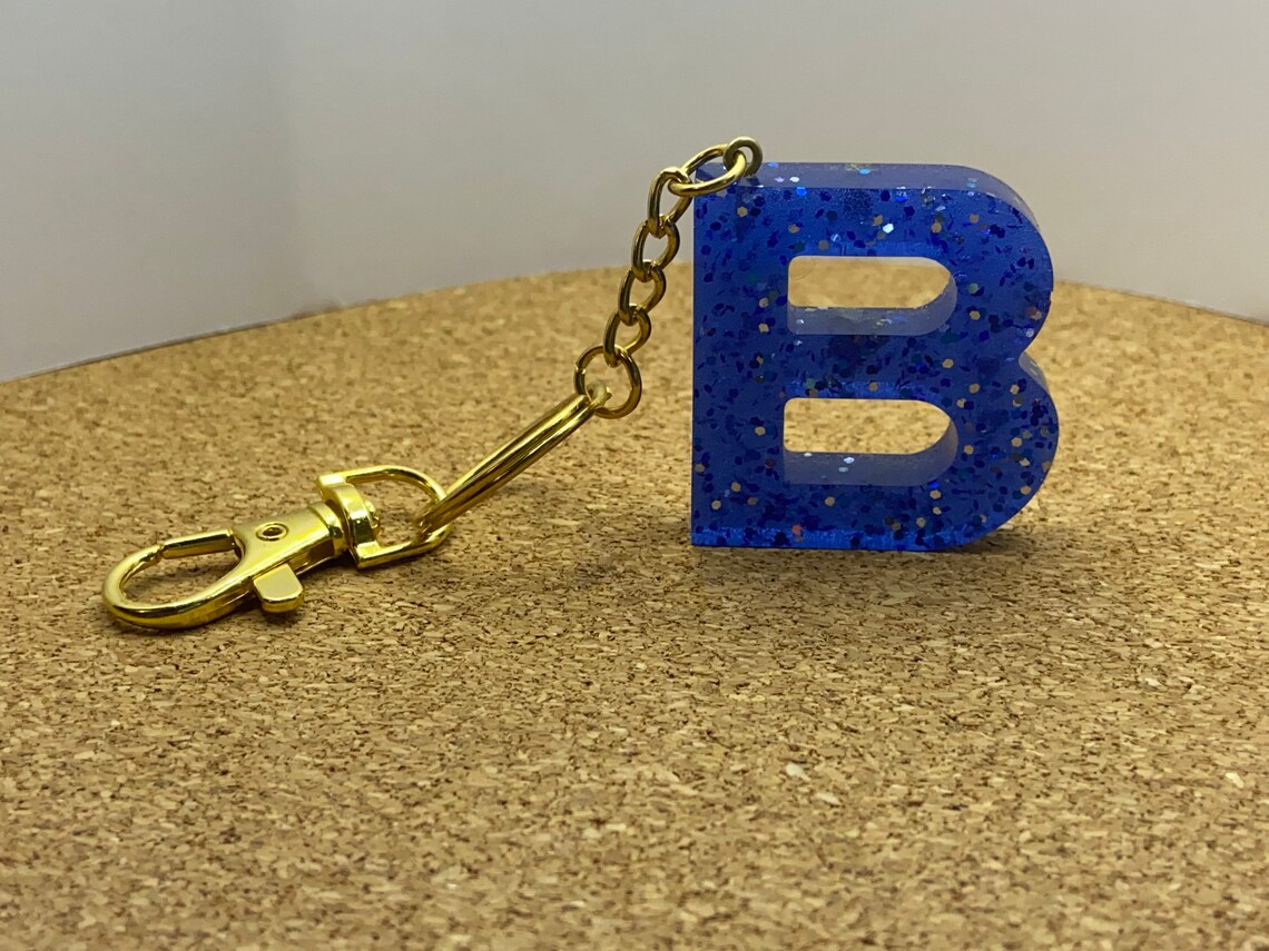 Letter B Blue Glitter Gold Keychain Etsy
