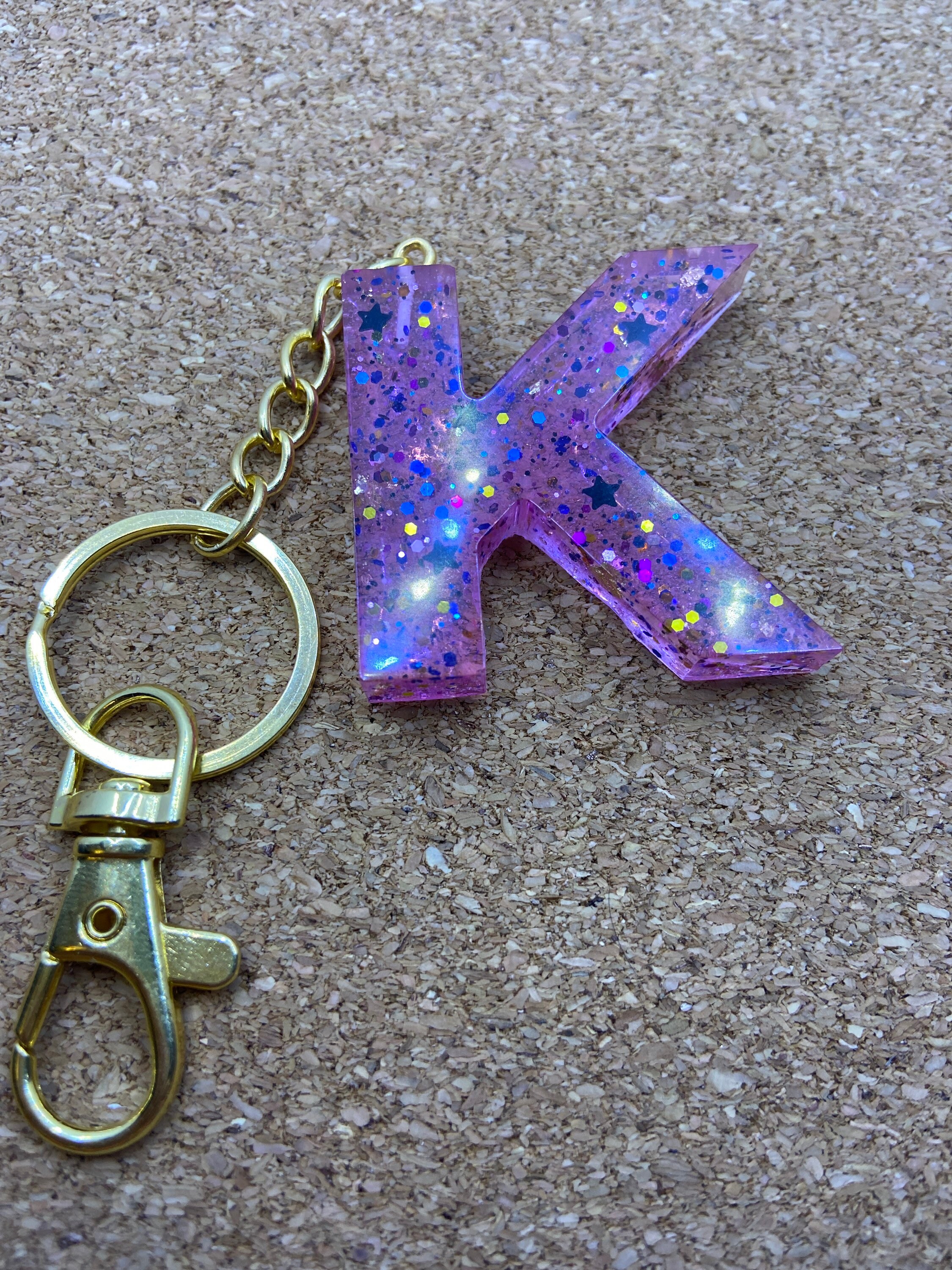 Letter K Purple Star Gold Keychain Etsy