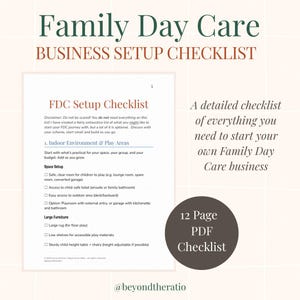 May include: A digital checklist for setting up a Family Day Care business. The document includes sections on indoor environment, play areas, and space setup. The image also features the text "12 Page PDF Checklist".