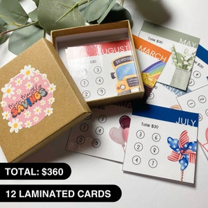 Mini Tarjetas de Reto de Ahorro Mensual / Laminadas / 12 Tarjetas / 30 Mensuales / 360 Total