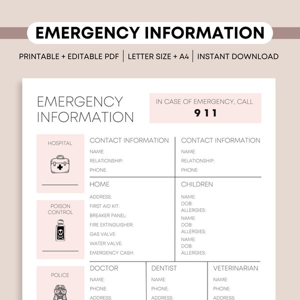 Editable Emergency Contact Info | Babysitter Info Sheet | Printable