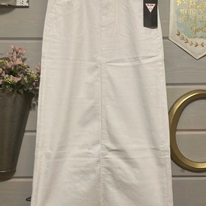 Long white stretch denim skirt