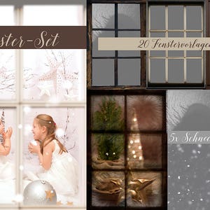 May include: A set of 20 window overlays for digital scrapbooking or photo editing. The overlays feature a variety of styles, including frosted glass, snow, and a Christmas tree. The set also includes 5 snow and 5 frost overlays.