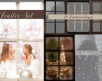 Window set - window frame overlays, snowflakes, frost/ice crystals, Christmas, texture, template, snow, window