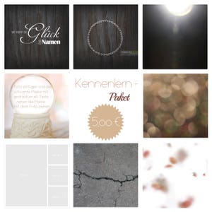 May include: A collage of images showcasing a photography package for couples. The package includes a snow globe with a black and white mask, a wooden sign with the text "Kennenlern - Paket" and the price "5,00 €", a blurred image of bokeh lights, a cracked concrete surface, and a blurred image of white with brown spots.
