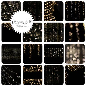 May include: A collection of 45 digital images featuring bokeh lights in various patterns and arrangements. The lights are a warm, golden color and are blurred to create a soft, dreamy effect. These images are perfect for adding a festive touch to your designs.