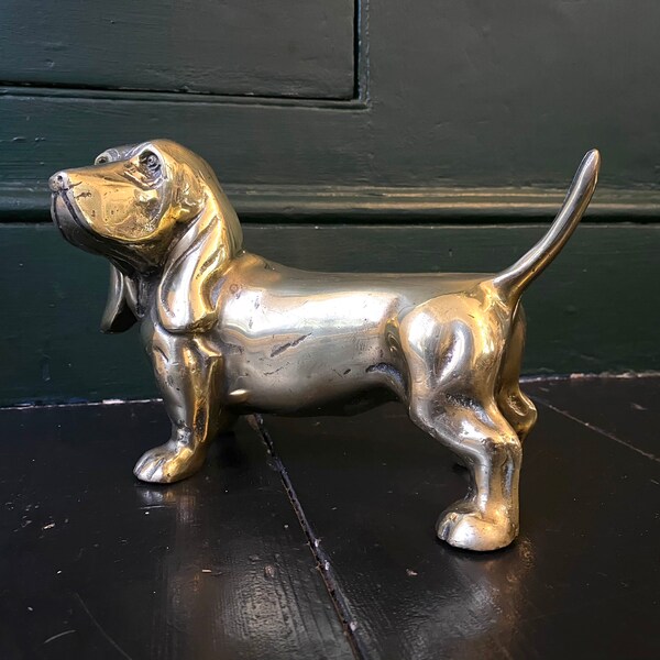 Large Solid brass statue of a Basset hound. Vintage quality figurine.