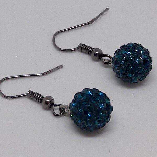 boucles d'oreilles argent vieille et perle shamballa bleu pétrole