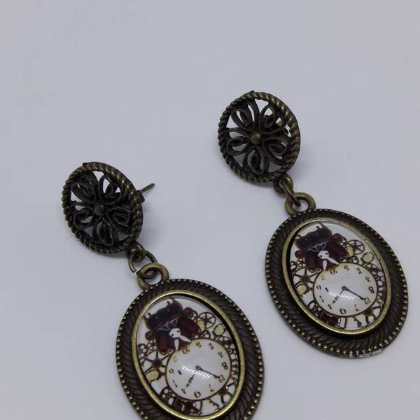 boucles d'oreilles steampunk bronze avec cabochon horloge