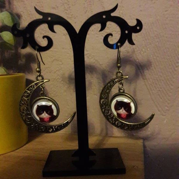 boucles d'oreilles bronze croissant de lune et cabochon chat