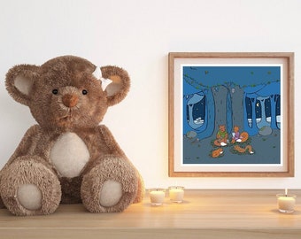 Decoration child's room Foxes, Poster, at night, forest, the bedtime of cubs