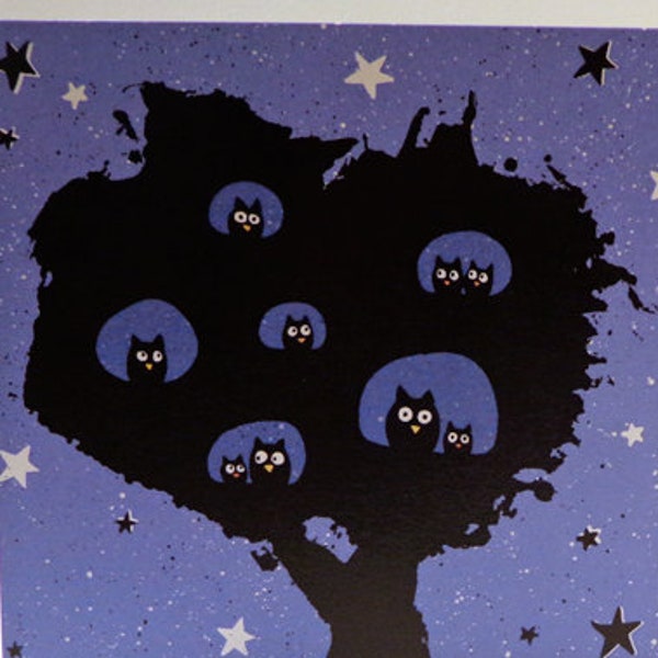 Carte postale Hiboux Nuit Arbre Illustration Poésie Ciel étoilé Chouettes