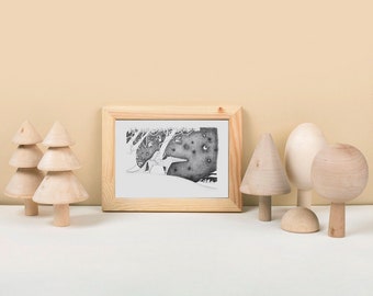 Affiche DECO ENFANT20/30cm Loup Poster Petit chaperon rouge Dessin poétique Illustration conte Forêt Crayon gris Mine de plomb