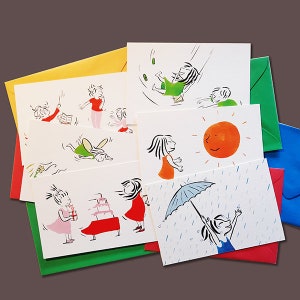 Lot 6 Cartes postales Balançoire, Orchestre imaginaire, Fleurs, Soleil, Anniversaire, Pluie