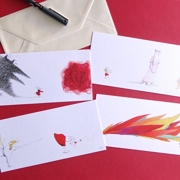 4 Cartes postales humoristiques Loup Barbecue Petit chaperon rouge