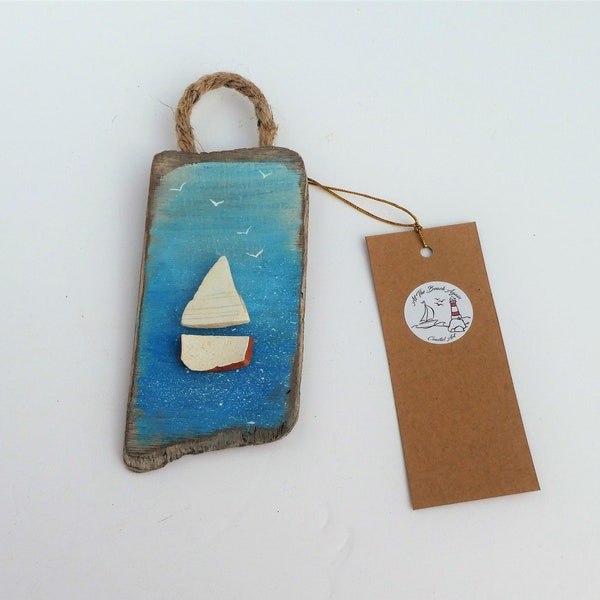 coastal wall hanging, beach themed decor, beach card, boat picture,sea pottery picture, nautical themed art, Eco friendly picture