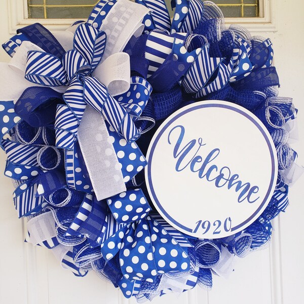 Royal Blue and White Wreath, Blue and White Wreath, Royal Blue Wreath, Blue and White Décor, Royal Blue Decor, Door Wreath, Welcome Wreath