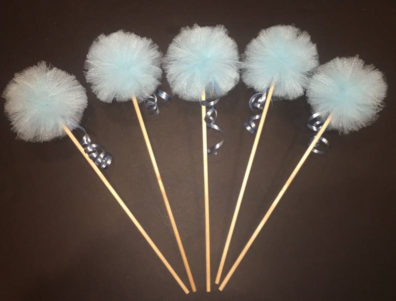 set of 5 light blue Tulle Pom Pom Sticks