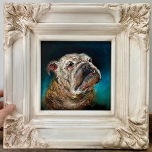 English Bulldog original oil painting “Furever Faithful” in antique inspired ornate white frame Bulldog art by GinaM herART n soul