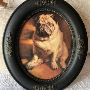 Beautiful Vintage Pug art print on wooden panel by artist Rien Poortvliet in ornate antique oval frame antique pug herARTnsoul