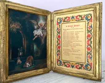 Vintage devotional wooden Florentine diptych frame Rembrandt Bulldog Frenchie Angel art a simple prayer St Francis