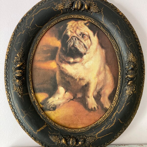 Beautiful Vintage Pug art print on wooden panel by artist Rien Poortvliet in ornate antique oval frame bar art man cave herARTnsoul