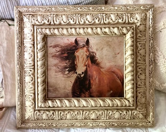 Beautiful horse print in vintage white ornate frame antique Horse lover art Vintage Soul