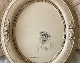 Beautiful Vintage Pug book print on wooden art panel by British artist Kathleen F barker in ornate antique oval frame