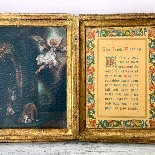 Vintage devotional wooden Florentine diptych frame Rembrandt Frenchie Bulldog Angel art The Irish Blessing