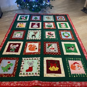 Christmas characters patchwork quilt sewing pattern. Festive holiday quilt. DIY step by step workshop Applique PDF, fusible adhesive