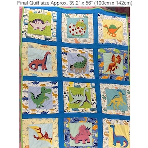 Dinosaur Quilt sewing pattern. Cute Dino babies crib sized quilt. DIY step by step workshop Applique PDF, fusible adhesive