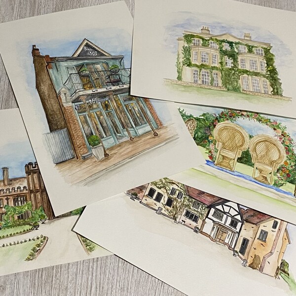 Wedding Venue watercolour illustration. Hand painted to order. Custom paintings