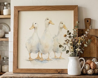 Three White Ducks Watercolour Print, Farmhouse Kitchen Wall Art, Country Cottage Decor, Neutral Duck Painting, Rustic Farm Animal Gift