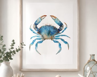 Vibrant Blue Crab Watercolour Print, Coastal Kitchen Wall Art, Nautical Ocean Nursery Poster, Sea Life Bathroom Decor, Beach House Artwork