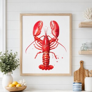 May include: A framed wall art print featuring a vibrant red watercolour illustration of a lobster centred on a white background. The lobster is depicted with detailed claws, long antennae, and segmented body parts, showcasing artistic paint splatters.