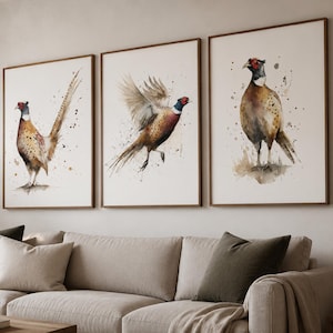 Watercolour Pheasant Wall Art Set of 3, British Wildlife Prints, Country Farmhouse Decor, Brown Bird Gallery Wall, Woodland Nursery Prints