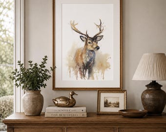 Rustic Stag Watercolour Print, Scottish Highland Deer Painting, Woodland Animal Nursery Wall Art,  Country Cottage Decor, Cosy Cabin Poster
