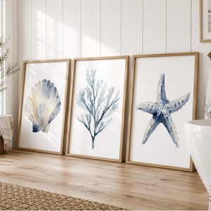 Coastal Wall Art Set of 3, Watercolour Blue Coral and Shell Prints, Nautical Beach House Decor, Hamptons Style Bathroom Prints
