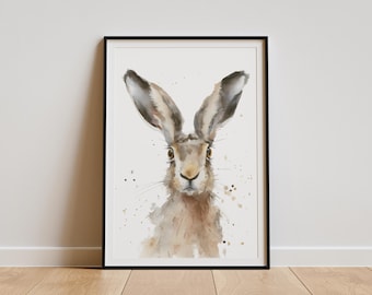 Lámina de liebre en acuarela, arte de pared estilo granja, decoración para el hogar campestre, pintura de conejo marrón, póster de animales del bosque, arte rústico para guardería,