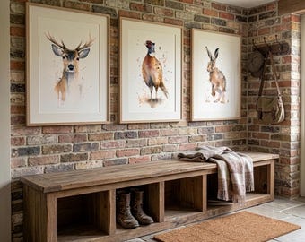 British Woodland Watercolour Animal Prints Set of 3 | Rustic Country Farmhouse Wall Art | Deer Pheasant Hare Nursery Decor