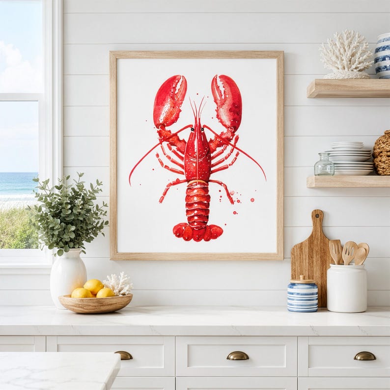 May include: A framed wall art print featuring a vibrant red watercolour illustration of a lobster centred on a white background. The lobster is depicted with detailed claws, long antennae, and segmented body parts, showcasing artistic paint splatters.