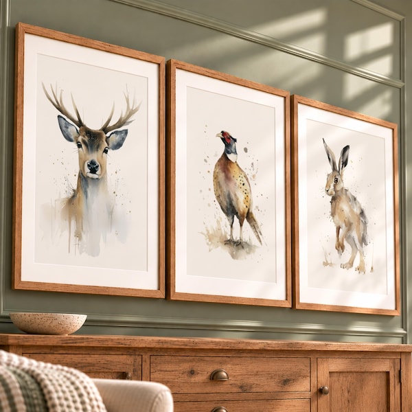 British Countryside Animal Gallery Wall Set of 3, Stag Hare & Pheasant Watercolour Prints