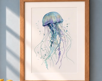 May include: A framed watercolor print featuring a jellyfish in shades of blue, purple, and teal. The jellyfish has a rounded bell with delicate, flowing tentacles and small bubbles surrounding it, all encased in a light brown wooden frame.