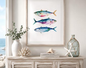 Three Sardines Watercolour Print, Coastal Kitchen Fish Wall Art, Nautical Ocean Nursery Poster, Sea Life Bathroom Decor, Beach House Decor